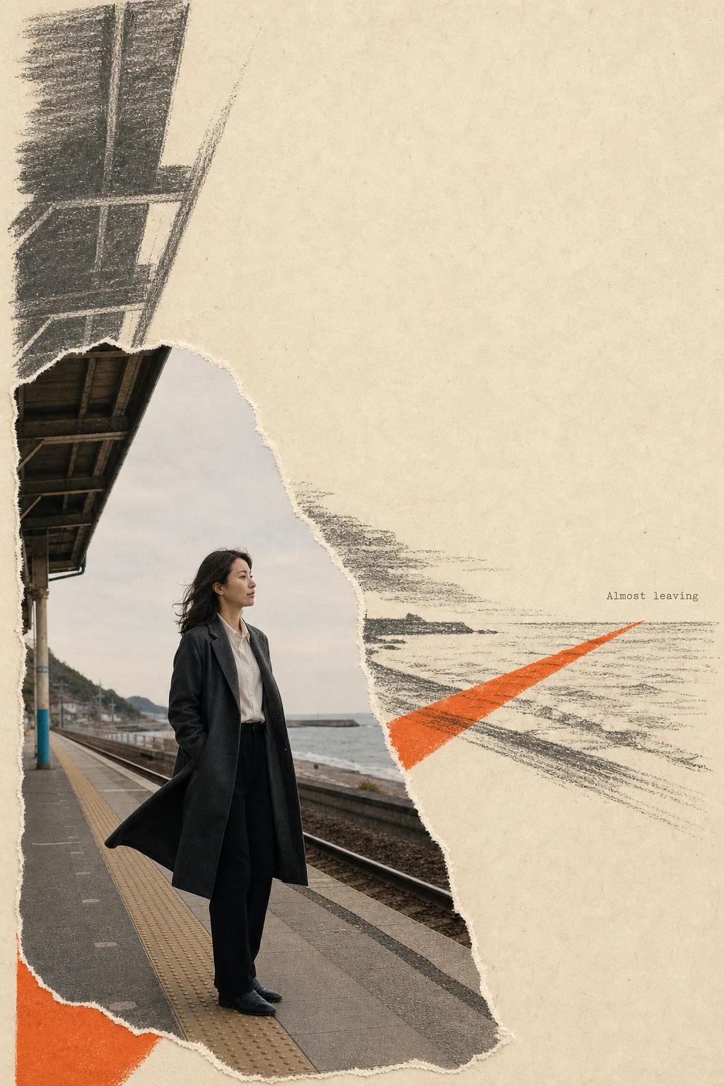 海边站台真实照片通过手撕纤维边缘融入抽象插画的拾景海报