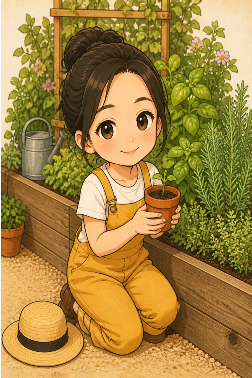 园艺师与幼苗转化为保持成年特征的温暖二维Q版插画