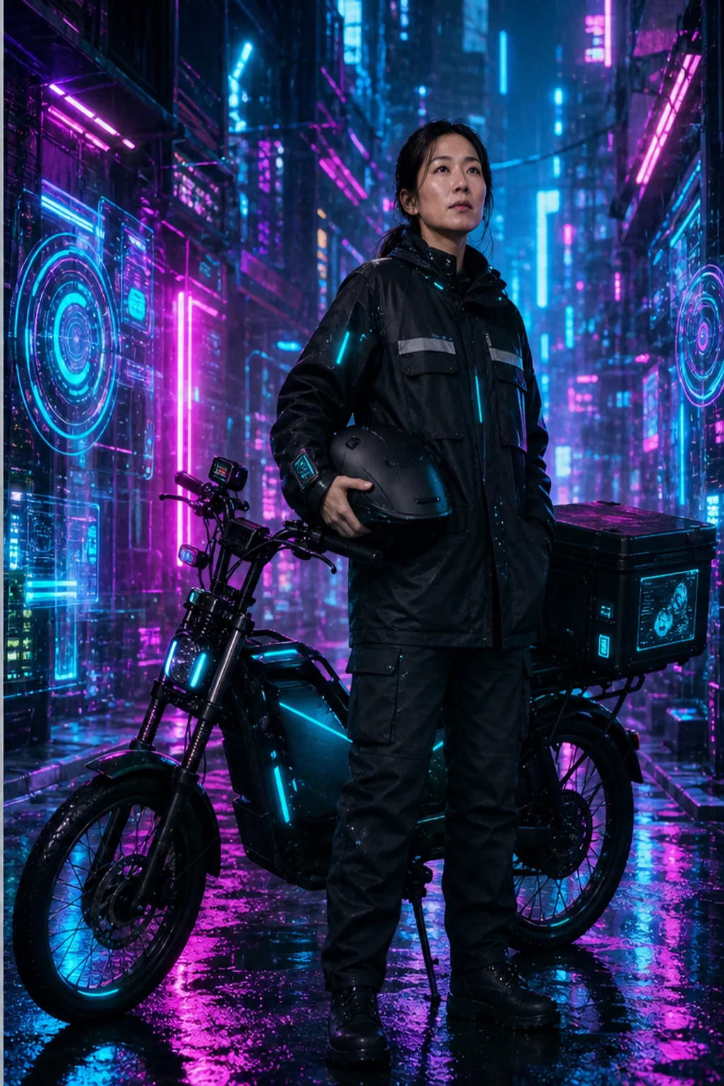 摩托信使与雨巷转化为青紫霓虹反射的未来赛博朋克场景