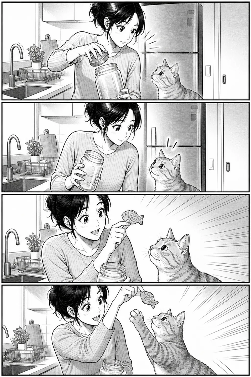 女性与橘猫寻找零食的过程转化为纵向四宫格黑白漫画