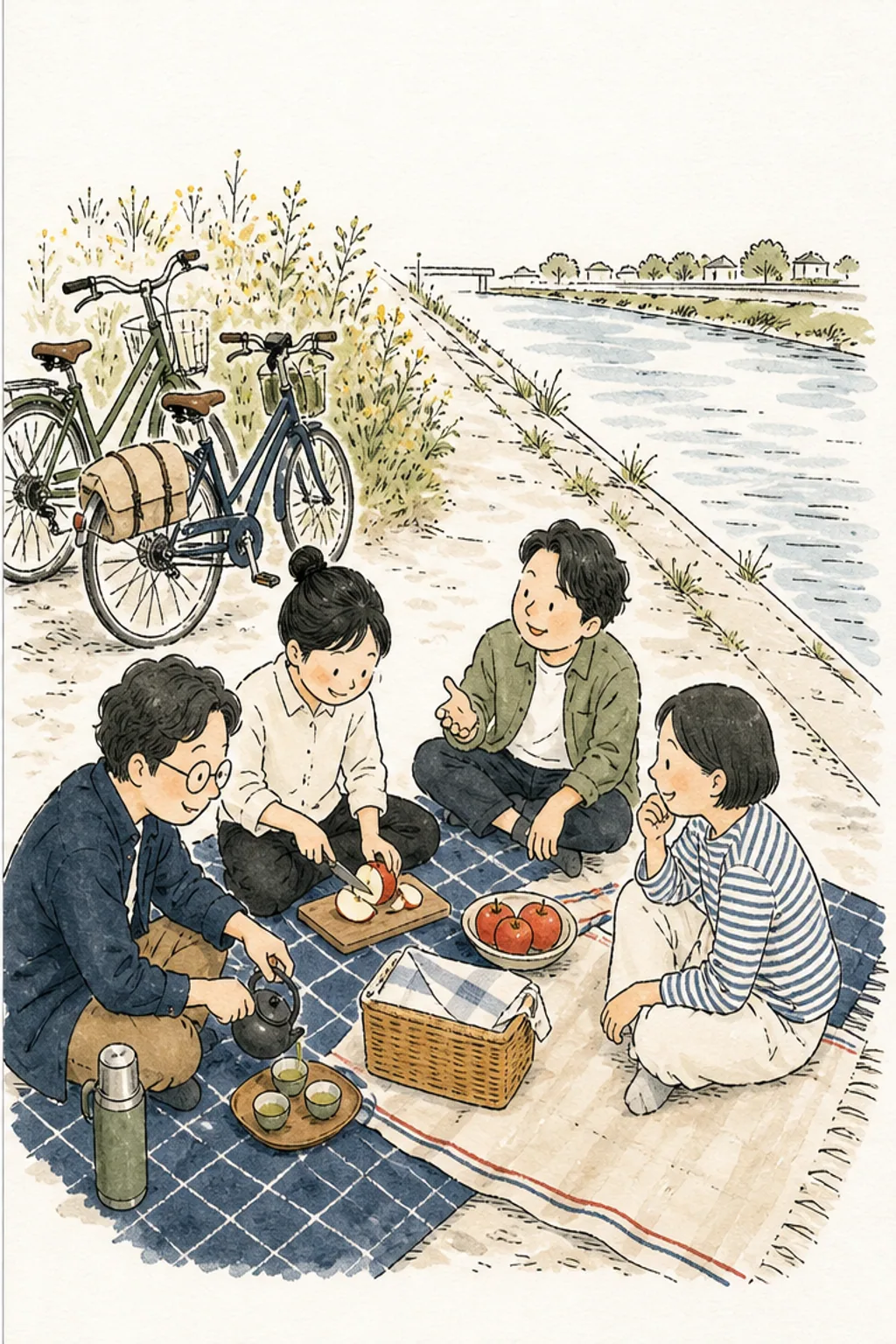 河堤野餐转化为留白充足的日系小人日常插画