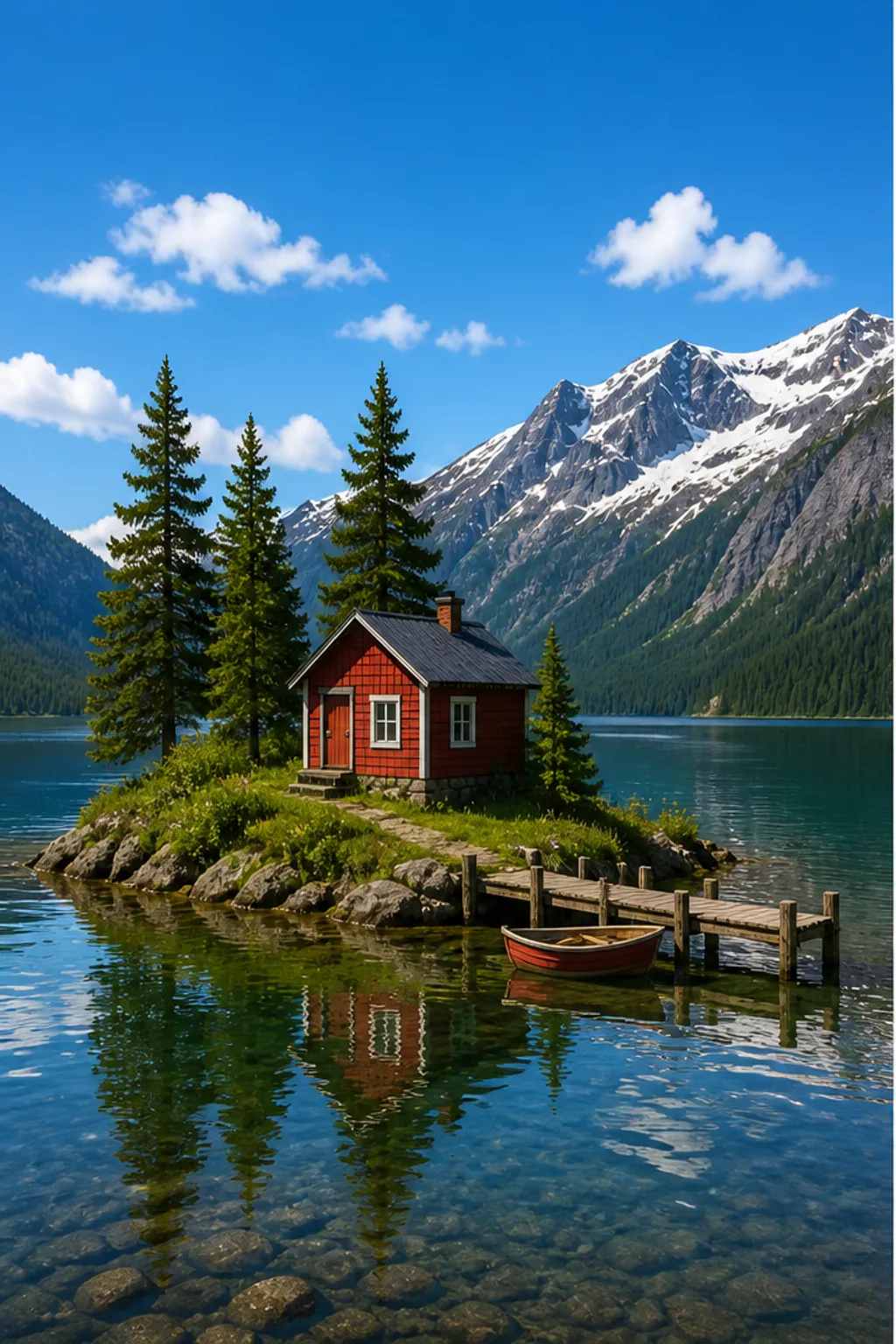 高山湖泊草岛上红色小屋与木船的写实风景