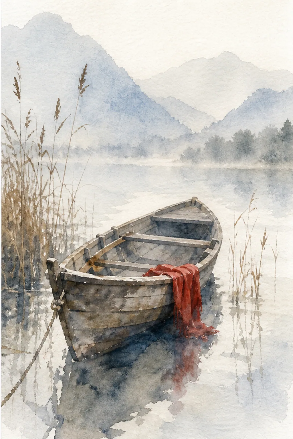 木船芦苇与远山转化为透明晕染的冷压纸水彩画